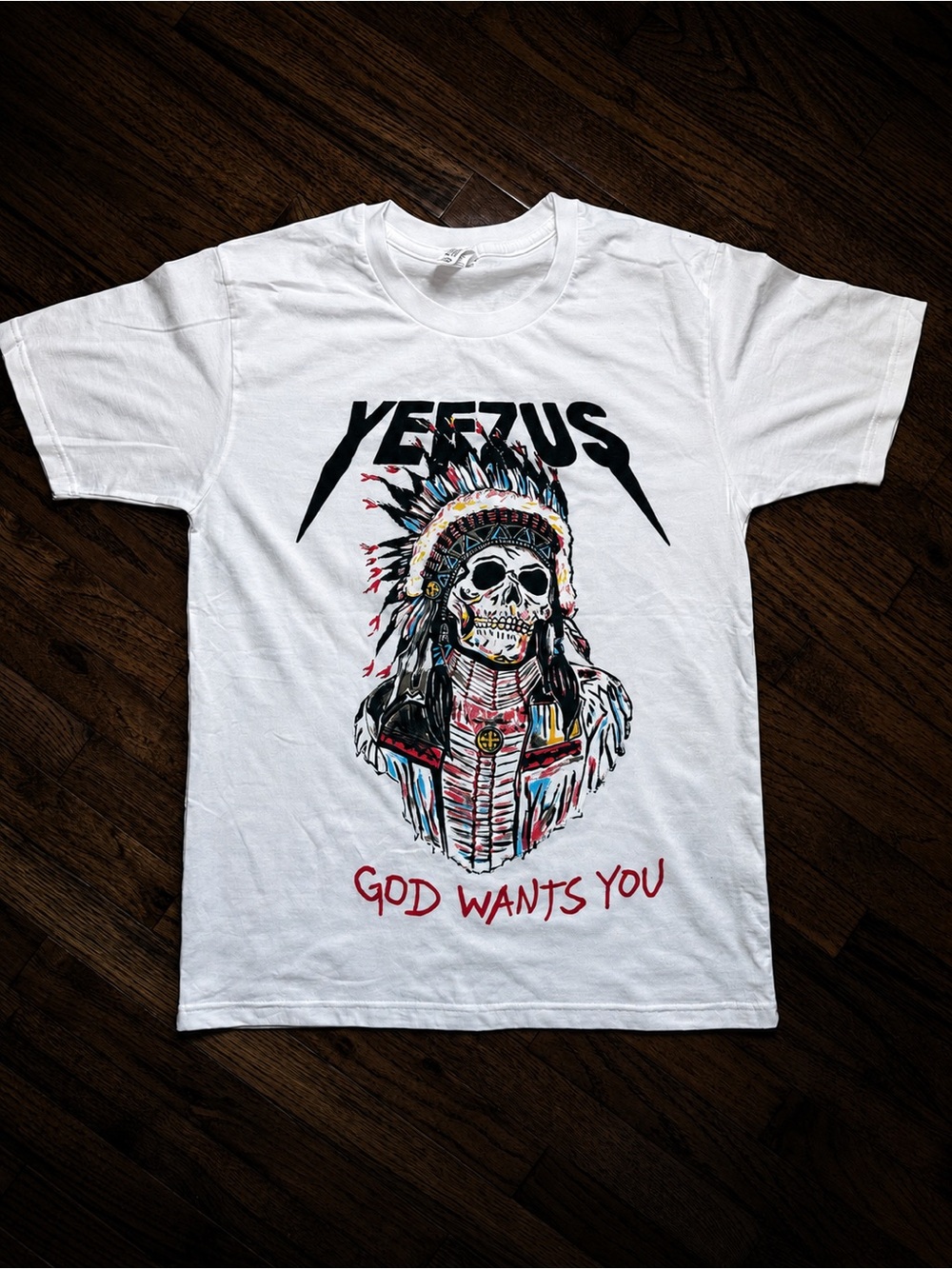 Yeezy White Graphic Tee with Multicolor Skull Headdress